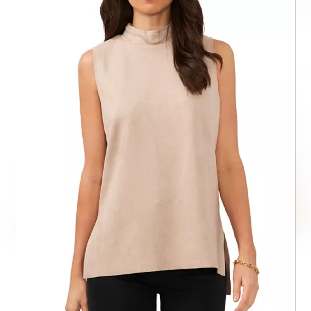 Vince Camuto Mock Neck Sleeveless Faux Suede Top Small Latte